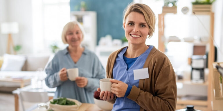 Female Nurse Holding Coffee Cup with Senior Resident in Background at a Memory Care Facility